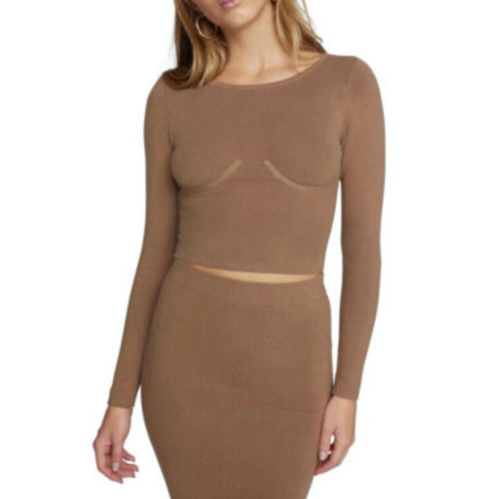 Good American The Cupped Rib Crop Sweater in Taupe Medium NEW‎